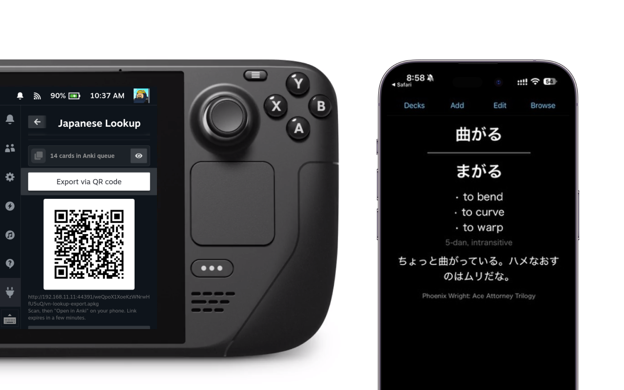 The Deck showing an Export via QR code screen next to a phone with the card already imported into Anki