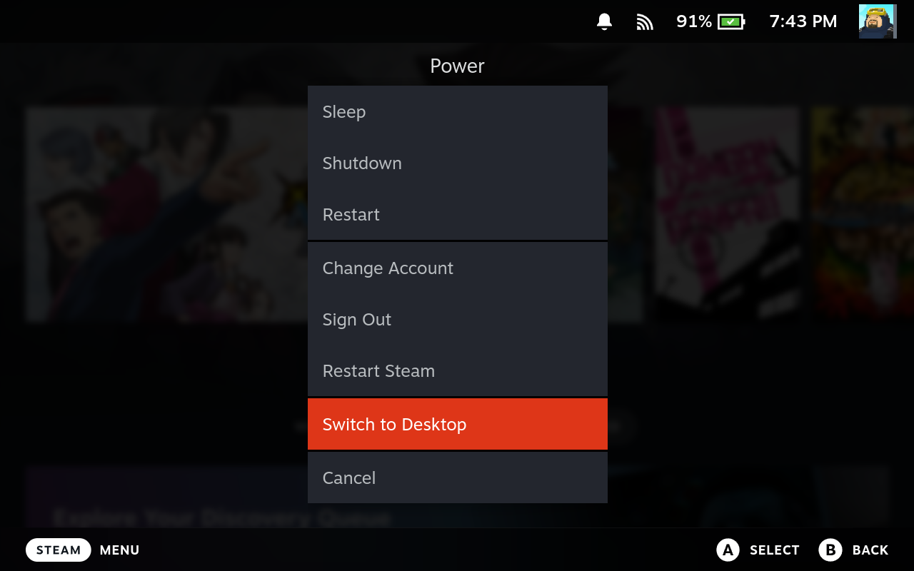 The Power menu with "Switch to Desktop" highlighted