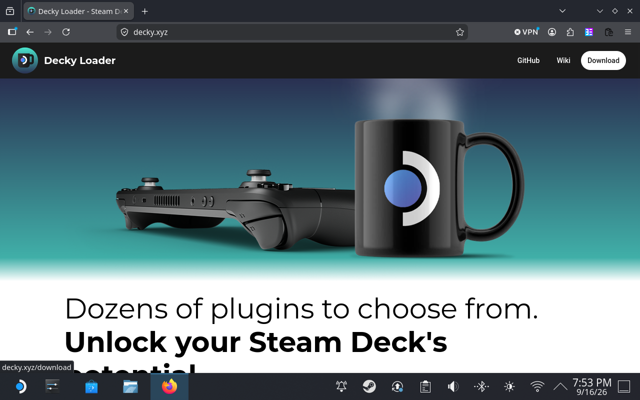 Desktop Mode, decky.xyz open in the browser with the Download button