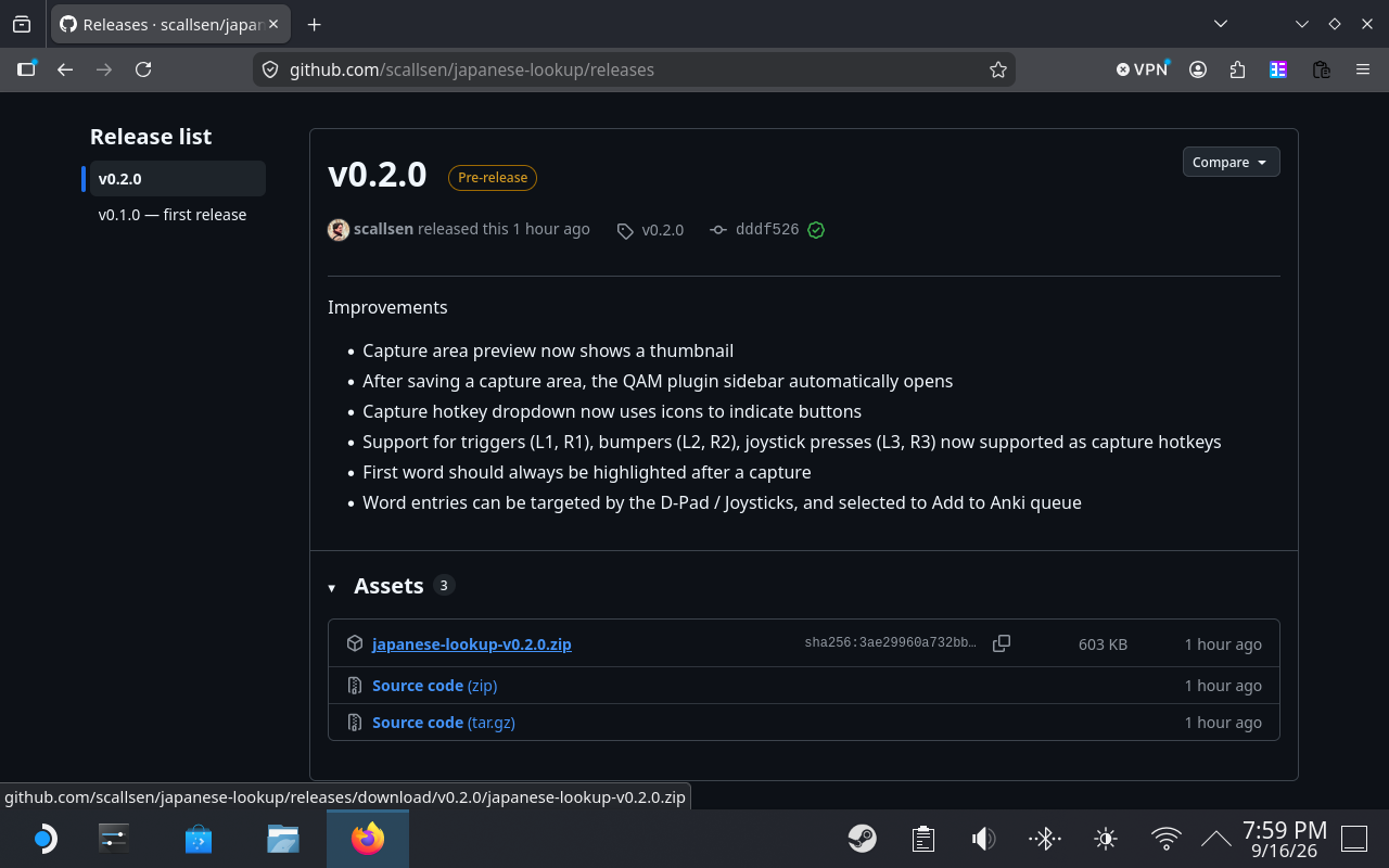 The GitHub release page on the Deck with the .zip asset highlighted