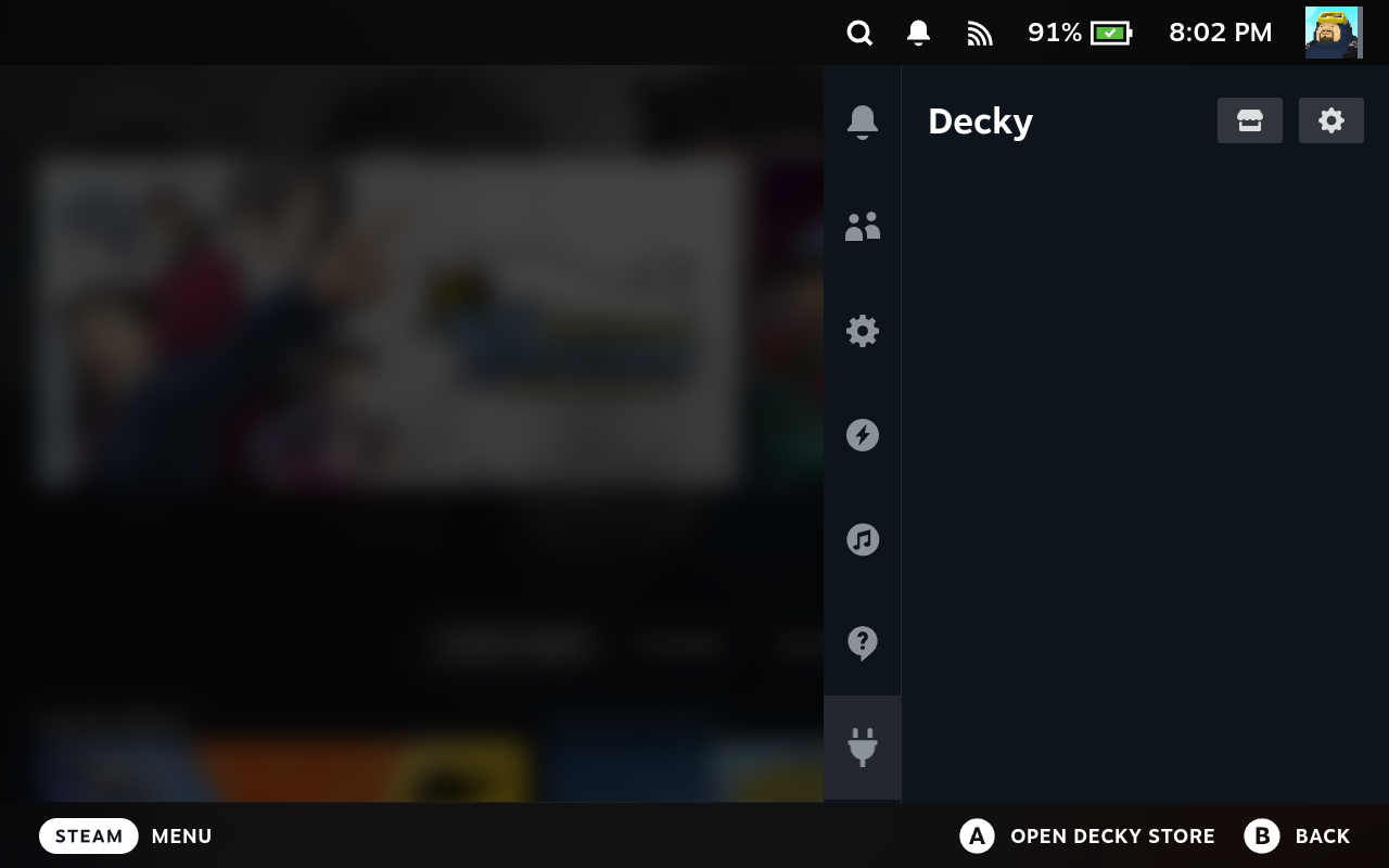 Quick Access open on the Decky tab (plug icon)