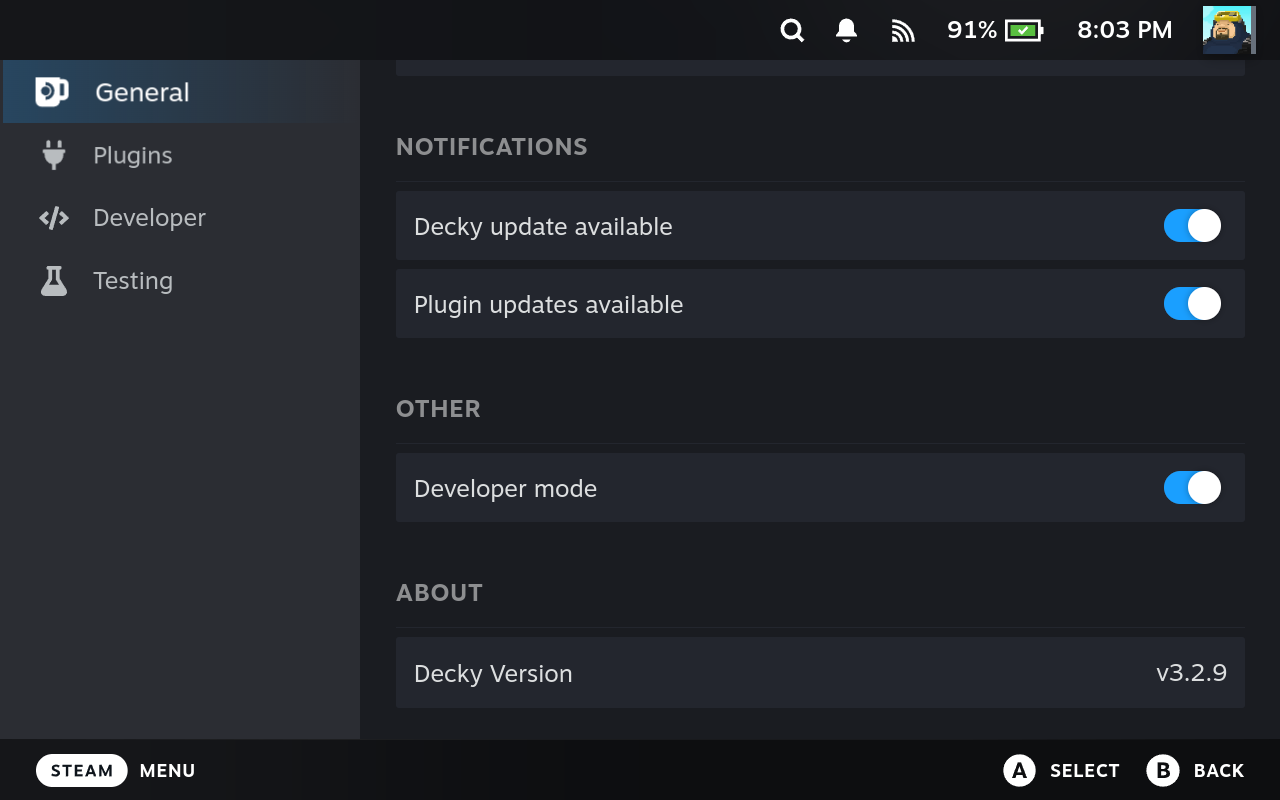 The Developer Mode toggle at the bottom of General, turned on