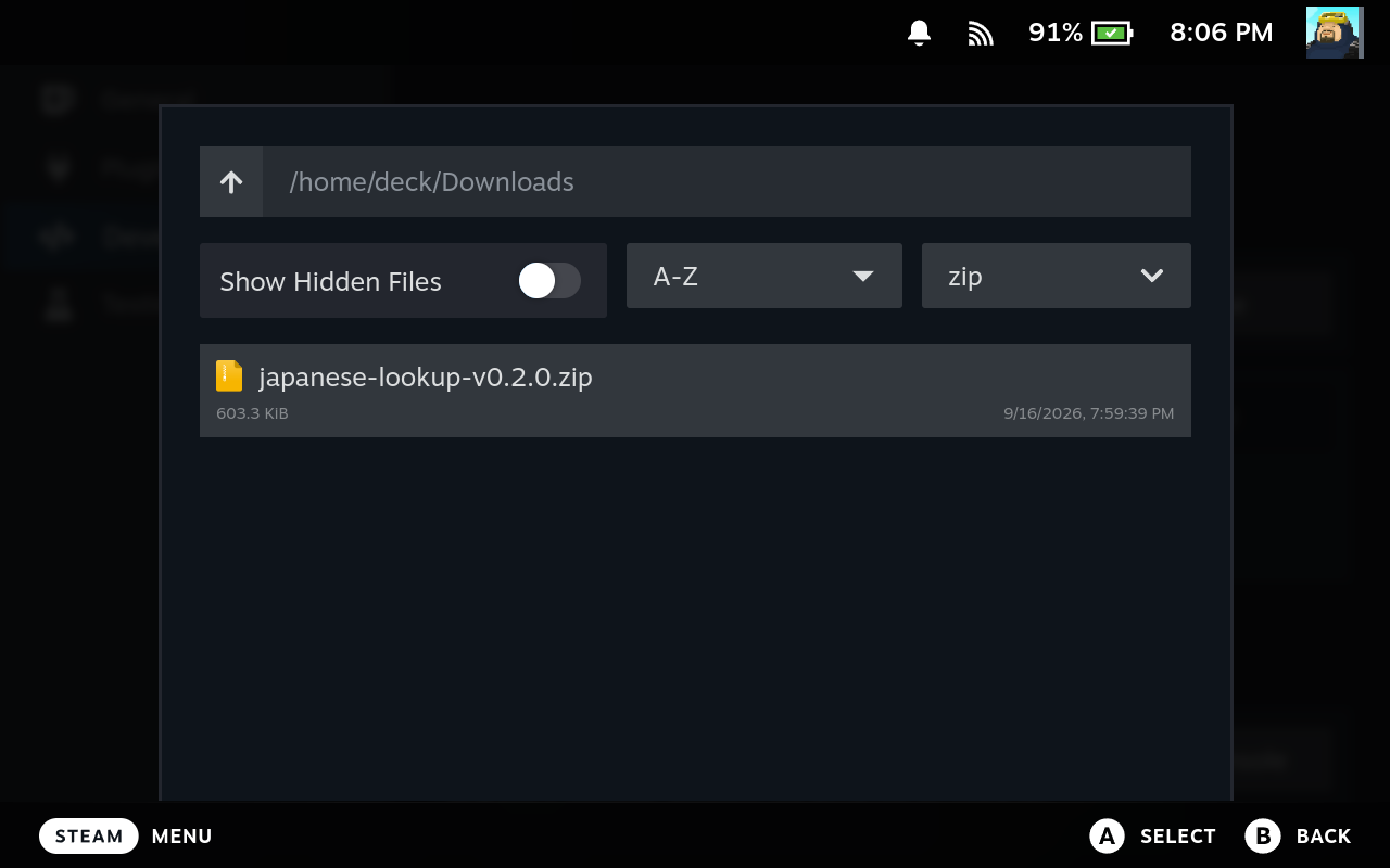 The in-app file browser open on Downloads with the plugin .zip