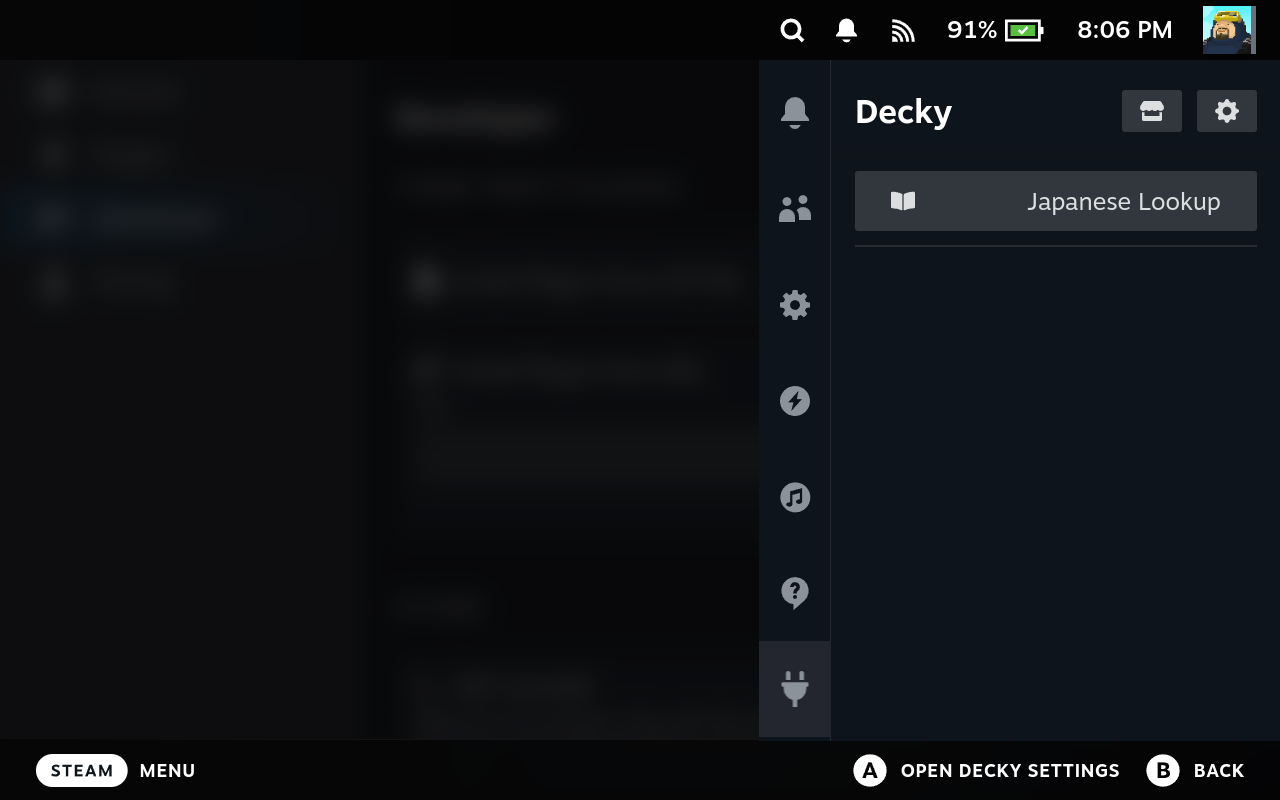 The Decky tab listing Japanese Lookup after install