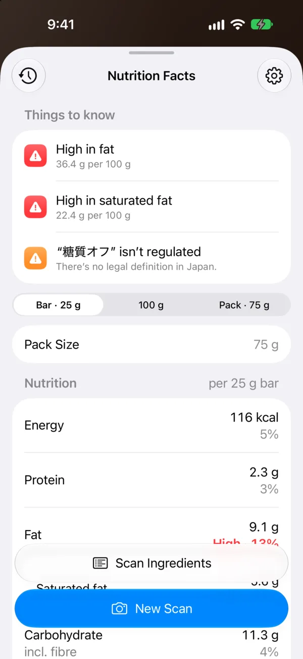 Things to know for a low-carb chocolate bar: high in fat, high in saturated fat, and 糖質オフ isn't regulated.
